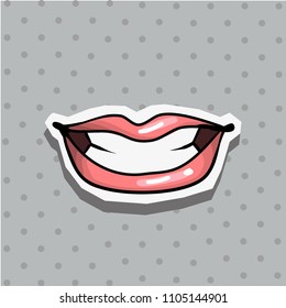 Fashion patch badge with lips pop art style sticker with dot background.