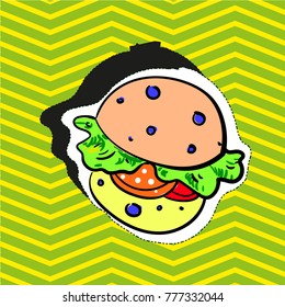 Fashion patch badge pin stocker with burger pop art style illustration
