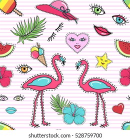 Fashion patch badge sticker pin stitched seamless pattern on pink stripes background. Lips, heart, star, eyes, hibiscus flower, popsicle, watermelon, flamingo elements.