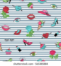 Fashion patch badge sticker pin stitched seamless pattern on grey stripes background. Lips, heart, eyes, rose flower, popsicle, lipstick, shoes, sweets, cake, ice cream