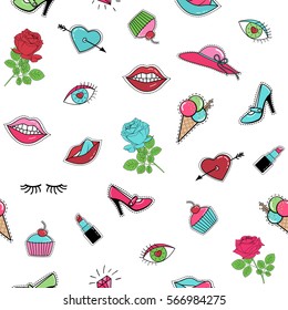 Fashion patch badge sticker pin seamless pattern on white background. Lips, heart, eyes, rose flower, popsicle, lipstick, shoes, sweets, cake, ice cream