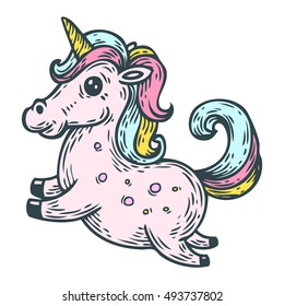 Fashion patch badge with unicorn for girls. Vector hand drawn illustration isolated on white. Stickers, pin, patch in cartoon comic style.