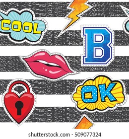 Fashion patch badges. Abstract seamless pattern. Lips, speech bubbles, diamond, ring, flash, OK, COOL , on repeated stripes background.