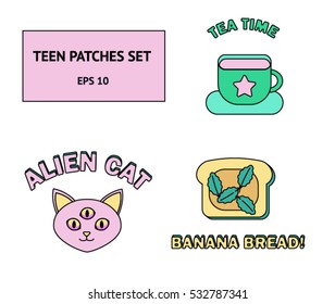 Fashion patch badges with alien cat, banana bread and cup of tea. Set of quirky stickers, pins, patches in cartoon comic style.