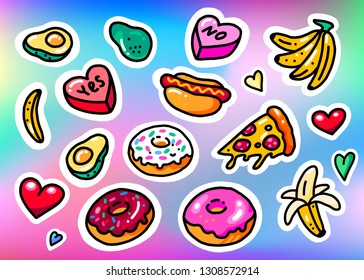 Fashion patch badges with avocado, pizza, banana and other elements. Vector illustration isolated on holographic background. Set of stickers, pins, patches in cartoon 80s-90s comic style.
