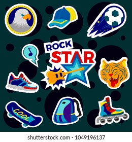 Fashion patch badges with backpack, rollers, ball, baseball cap, board, skateboard and other. Very large set of boyish stickers, patches in cartoon isolated.Trendy patch for backpacks, things, clothes