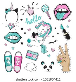 Fashion Patch Badges with beautiful girl items and unicorn pop art elements