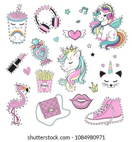 Fashion Patch Badges with beautiful unicorn and girl items pop art elements