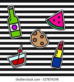Fashion patch badges with beer bottle, watermelon, cocktail, lipstick, biscuit. Set of stickers isolated  