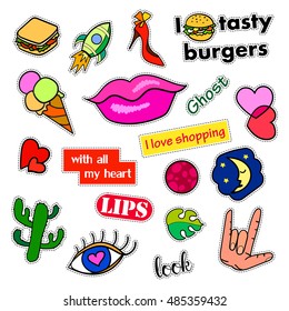 Fashion patch badges. Big set. Stickers, pins, embroidery, patches and handwritten notes collection in cartoon 80s-90s comic style. Trend. Vector illustration isolated. Vector clip art.