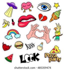 Fashion patch badges. Big set. Stickers, pins, embroidery, patches and handwritten notes collection in cartoon 80s-90s comic style. Trend. Vector illustration isolated. Vector clip art.