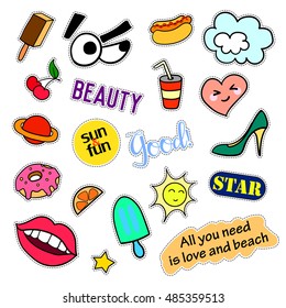 Fashion patch badges. Big set. Stickers, pins, embroidery, patches and handwritten notes collection in cartoon 80s-90s comic style. Trend. Vector illustration isolated. Vector clip art.
