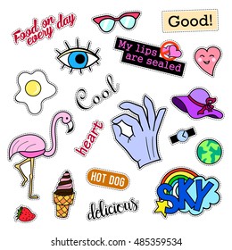 Fashion patch badges. Big set. Stickers, pins, embroidery, patches and handwritten notes collection in cartoon 80s-90s comic style. Trend. Vector illustration isolated. Vector clip art.