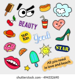 Fashion patch badges. Big set. Stickers, pins, patches and handwritten notes collection in cartoon 80s-90s comic style. Trend. Vector illustration isolated. Vector clip art.