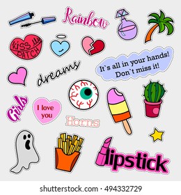 Fashion patch badges. Big set. Stickers, pins, patches and handwritten notes collection in cartoon 80s-90s comic style. Trend. Vector illustration isolated. Vector clip art.