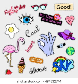 Fashion patch badges. Big set. Stickers, pins, patches and handwritten notes collection in cartoon 80s-90s comic style. Trend. Vector illustration isolated. Vector clip art.