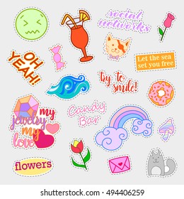 Fashion patch badges. Big set. Stickers, pins, patches and handwritten notes collection in cartoon 80s-90s comic style. Trend. Vector illustration isolated. Vector clip art.