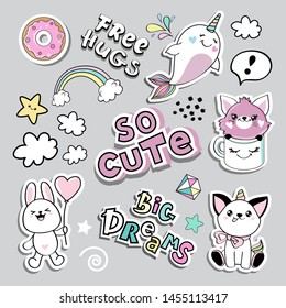 Fashion patch badges with bunny, cat unicorn, whale and funny inscriptions in kawaii style on a grey background