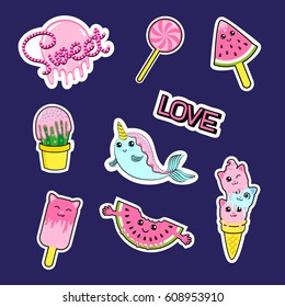 Fashion patch badges with candies, watermelon, love, cactus, seal, ice cream, kittens, cats, eyes and other. Very large set of girlish and boyish stickers, patches in cartoon isolated 