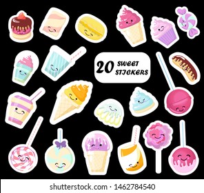 Fashion patch badges. Candy set. Stickers, pins, patches and handwritten notes collection in cartoon 80s-90s comic style. Trend. Vector illustration isolated. Vector clip art.