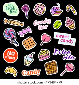 Fashion patch badges. Candy set. Stickers, pins, patches and handwritten notes collection in cartoon 80s-90s comic style. Trend. Vector illustration isolated. Vector clip art.