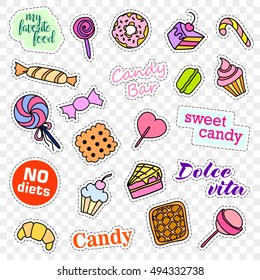 Fashion patch badges. Candy set. Stickers, pins, patches and handwritten notes collection in cartoon 80s-90s comic style. Trend. Vector illustration isolated. Vector clip art.