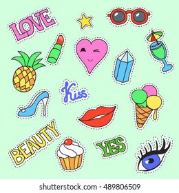 Fashion patch badges. Cartoon Patches collection vector illustration. Stickers, pins with lips, ice cream, kiss.