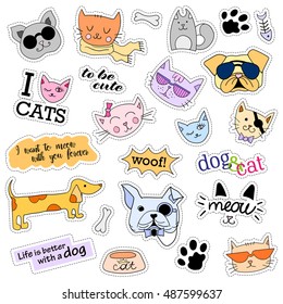 Fashion Patch Badges. Cat And Dog Set. Set Of Stickers, Pins, Patches And Handwritten Notes Collection In Cartoon 80s-90s Comic Style. Trend Patches. Vector Illustration Isolated. Vector Clip Art.