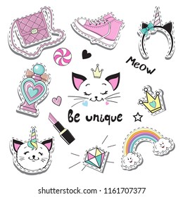 Fashion Patch Badges with cat unicorn and girl items collection on a white background