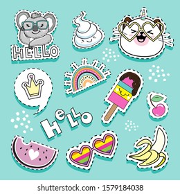 Fashion patch badges with cat unicorn, banana, ice cream, crown, koala  and girl items on a blue background