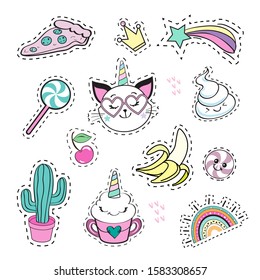 Fashion patch badges with cat unicorn, banana  and girl items on a white background