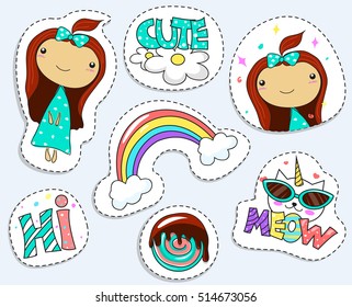 Fashion patch badges with cat unicorns, heart, girl, rainbow and other elements for girls. Vector illustration isolated on white background. Set of stickers, pins, patches. Cartoon  illustrations. 