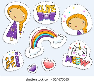 Fashion patch badges with cat unicorns, heart, girl, rainbow and other elements for girls. Vector illustration isolated on white background. Set of stickers, pins, patches. Cartoon  illustrations. 