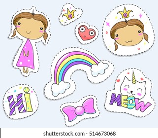 Fashion patch badges with cat unicorns, heart, girl, rainbow and other elements for girls. Vector illustration isolated on white background. Set of stickers, pins, patches. Cartoon  illustrations. 