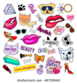 Fashion patch badges. Cats and dogs set. Set of stickers, pins, patches and handwritten notes collection in cartoon 80s-90s comic style. Trend. Vector illustration isolated. Vector clip art.