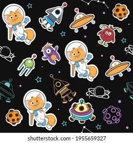 Fashion patch badges with cats from space. Astronauts, planets, rockets, aliens seamless pattern. Vector cartoon illustration