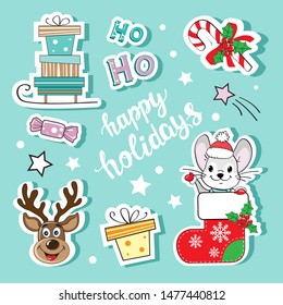 Fashion patch badges with christmas items with a cute mouse, a gift, deer, sled with gifts  and the inscription happy holidays on a blue background