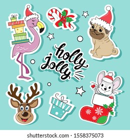 Fashion patch badges with christmas items with a cute mouse, a gift, deer, sled with gifts  and the inscription happy holidays on a blue background