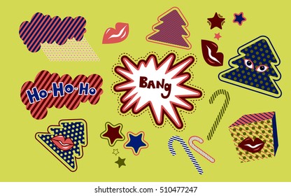 Fashion patch badges with christmas tree, patch christmas gift, patch christmas candy. Vector set with New Year stickers, pins, patches in cartoon 80s-90s comic style. Comic bubble Ho Ho Ho.