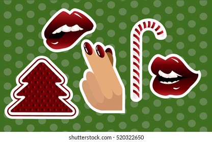Fashion patch badges with Christmas tree, red sexy lips, candy, hand with red polish on the nails. Vector set with New Year stickers, pins, patches in cartoon 80s-90s comic style.