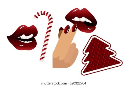 Fashion patch badges with Christmas tree, red sexy lips, candy, hand with red polish on the nails. Vector set with New Year stickers, pins, patches in cartoon 80s-90s 