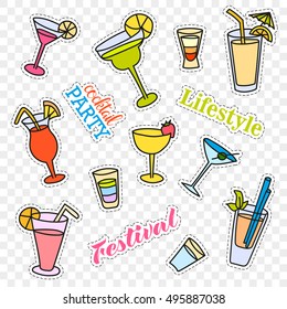 Fashion patch badges. Cocktail set. Stickers, pins, patches and handwritten notes collection in cartoon 80s-90s comic style. Vector illustration isolated on transparent background Vector clip art.