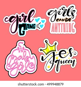 Fashion patch badges with comic  modern slogans. Girlish fashion slogans in bright colors. Set of quirky cartoon patch, stickers or fashion pins. Vector trendy illustration. Isolated on pink.
