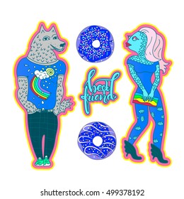 Fashion patch badges with comic wolf , fish, donuts, slogans. 