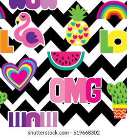 Fashion patch badges in cool style. Abstract seamless pattern. Colorful Hearts,cactus, flamingo, pineapple, rainbow, watermelon, words "wow", "omg", "lol" on repeated stripes background. 