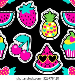Fashion patch badges in cool style.Abstract seamless pattern. Colorful fruit, hearts, watermelon, cherry,pineapple, strawberry,cake on repeated stripes background.Abstract colorful seamless wallpaper.