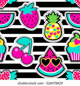 Fashion patch badges in cool style.Abstract seamless pattern. Colorful fruit, hearts, watermelon, cherry,pineapple, strawberry,cake on repeated stripes background.Abstract colorful seamless wallpaper.