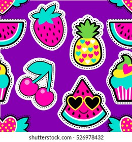 Fashion patch badges in cool style.Abstract seamless pattern. Colorful fruit, hearts, watermelon, cherry,pineapple, strawberry,cake on repeated stripes background.Abstract colorful seamless wallpaper.