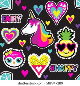 Fashion patch badges in cool style.Abstract seamless pattern. Colorful hearts,pineapple, owl, unicorn, diamond and hashtags words on black background. Abstract colorful seamless wallpaper.