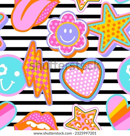 Fashion patch badges in cool style.Abstract seamless pattern. Colorful hearts, flower, star, lips on repeated stripes background. Abstract retro seamless wallpaper.